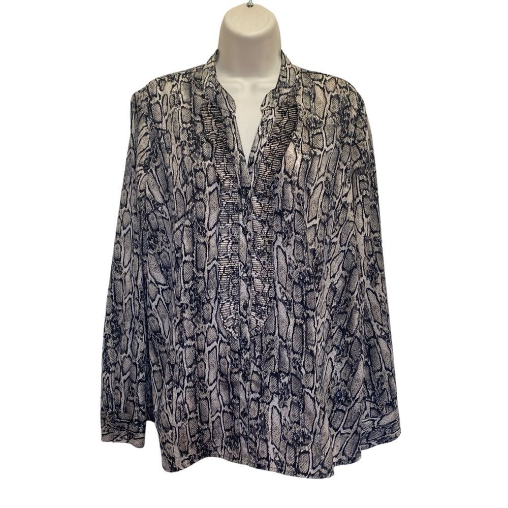 212 Collection Snakeskin Animal Print Button Down Blouse Ruffle Placket Sz XL